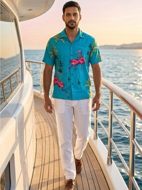 EUC -Thums Up Mens Hawaiian Flamingo Short Sleeve Shirt - Size Large